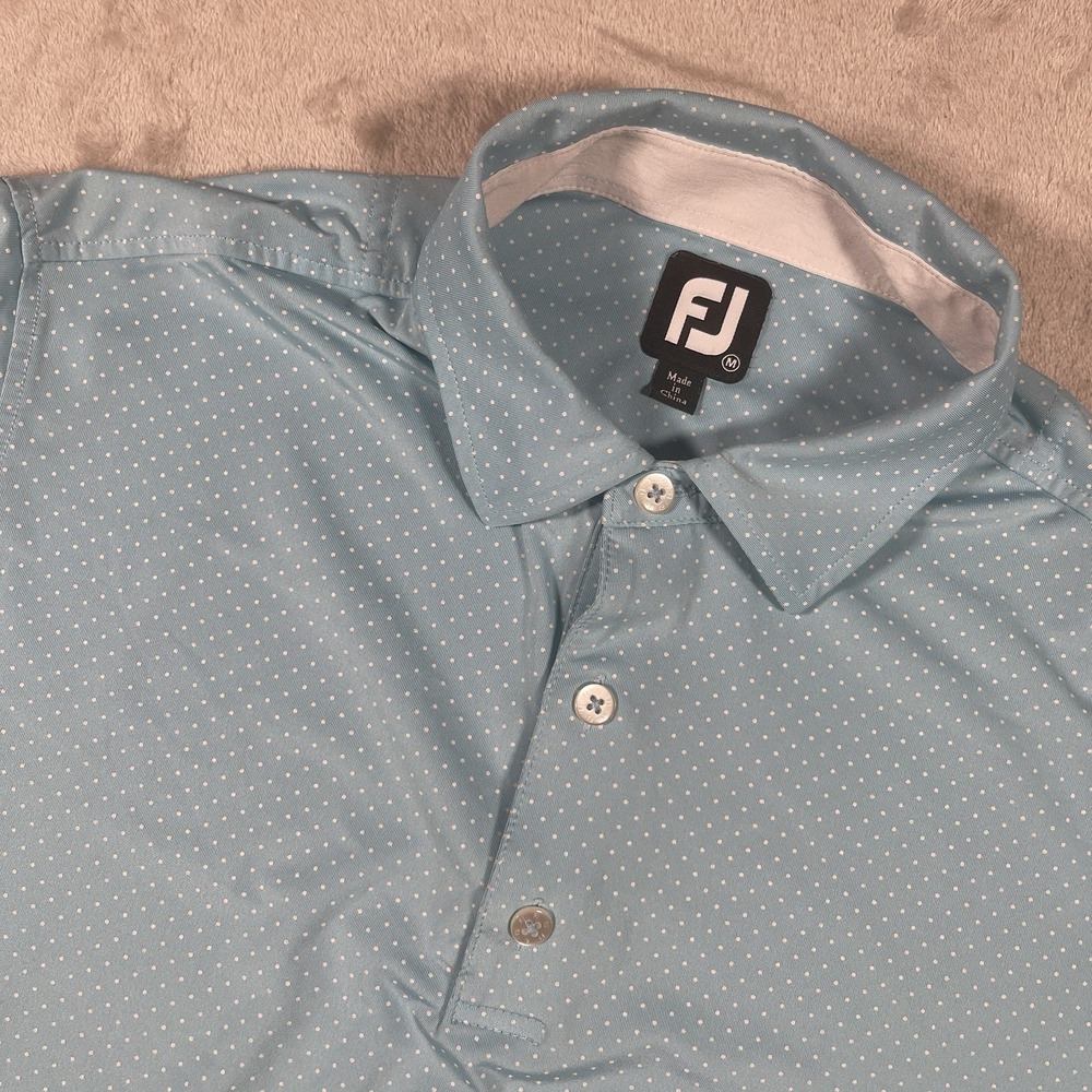 Footjoy Pique Golf Polo Shirt Mens Medium Blue Dotted Short‎ Sleeve Embroidered